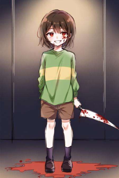 masterpiece, best quality, 1girl, striped shirt, one stripe on shirt, chara \(undertale\), chara, brown eyes, outside, brown shorts, ((red eyes)), holding a knife, blood on knife, knife, young, child, ruins, purple walls, purple floor, full body, evil smile, <lora:ChumpChoo_Char_Chara:0.6>