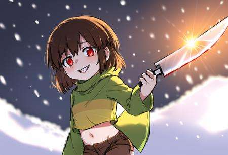 masterpiece, best quality, detailed, 1girl, crop top, striped, brown shorts, lens flare, bloom, outside, snow, snowing, blurry background, standing, chara, chara \(undertale\), red eyes, evil smile, young, child, holding knife, jcm2, <lora:ChumpChoo_Char_Chara:0.7> <lora:ChumpyChoo_Style_jcm2:0.4>