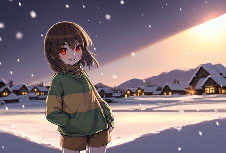 masterpiece, best quality, detailed, 1girl, sweater, striped, brown shorts, lens flare, bloom, outside, snow, snowing, full moon, town, town in background, blurry background, standing, chara, chara \(undertale\), red eyes, evil smile, young, child, jcm2, hand in pocket, <lora:ChumpChoo_Char_Chara:0.7> 