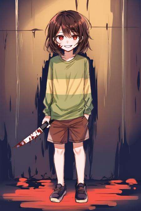 masterpiece, best quality, 1girl, striped shirt, one stripe on shirt, chara \(undertale\), chara, brown eyes, outside, brown shorts, ((red eyes)), holding a knife, blood on knife, knife, young, child, ruins, purple walls, purple floor, full body, evil smile, <lora:ChumpChoo_Char_Chara:0.6>