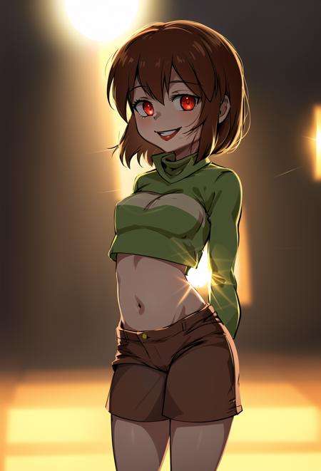 masterpiece, best quality, detailed, 1girl, crop top, striped, brown shorts, lens flare, bloom, outside, standing, chara, chara \(undertale\), red eyes, smile, young, child, arms behind back, jcm2, <lora:ChumpChoo_Char_Chara:0.7> <lora:ChumpyChoo_Style_jcm2:0.4>