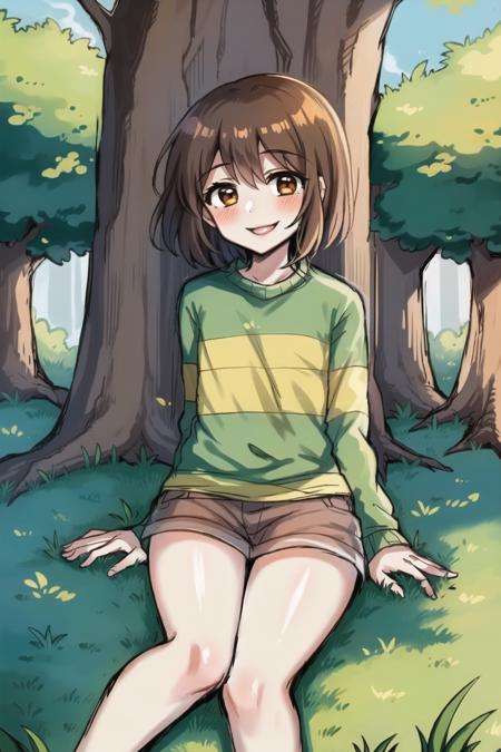 masterpiece, best quality, 1girl, striped shirt, one stripe on shirt, chara \(undertale\), chara, outside, tree, grass, sitting, brown eyes, smile, jcm2, <lora:ChumpChoo_Char_Chara:0.6>