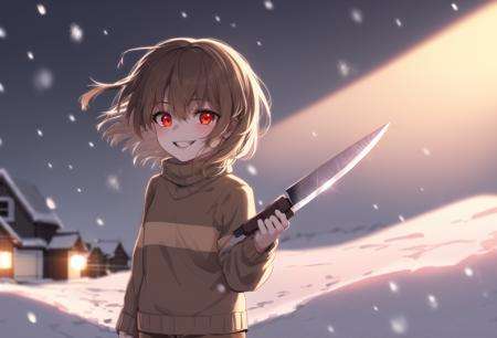 masterpiece, best quality, detailed, 1girl, sweater, striped, brown shorts, lens flare, bloom, outside, snow, snowing, full moon, town, town in background, blurry background, standing, chara, chara \(undertale\), red eyes, evil smile, young, child, holding knife, jcm2, <lora:ChumpChoo_Char_Chara:0.7> 