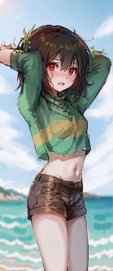 masterpiece, best quality, ((1girl)), chara, chara \(undertale\), ((red eyes)), brown hair, crop top, summer, beach, embarrassed, striped, young, child, blurry background, cinematic lighting, dramatic, <lora:ChumpChoo_Char_Chara:0.8>