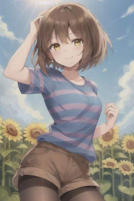 ((best quality)), ((masterpiece)), (detailed), <lora:Undertale Frisk:0.4>, Undertale Frisk, brown hair, (brown shorts:1.3), bob cut, short hair, black pantyhose, (blue shirt:1.3), yellow eyes, (1girl:1.3), (solo:1.3), striped, striped shirt, smiling, (sun flower)