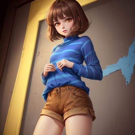 ((best quality)), ((masterpiece)), (detailed), <lora:Undertale Frisk:0.4>, Undertale Frisk, brown hair, (brown shorts:1.3), bob cut, short hair, black pantyhose, (blue shirt:1.3), yellow eyes, (1girl:1.3), (solo:1.3), striped, striped shirt