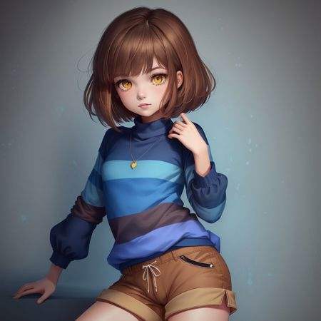 ((best quality)), ((masterpiece)), (detailed), <lora:Undertale Frisk:0.4>, Undertale Frisk, brown hair, (brown shorts:1.3), bob cut, short hair, black pantyhose, (blue shirt:1.3), yellow eyes, (1girl:1.3), (solo:1.3), striped, striped shirt