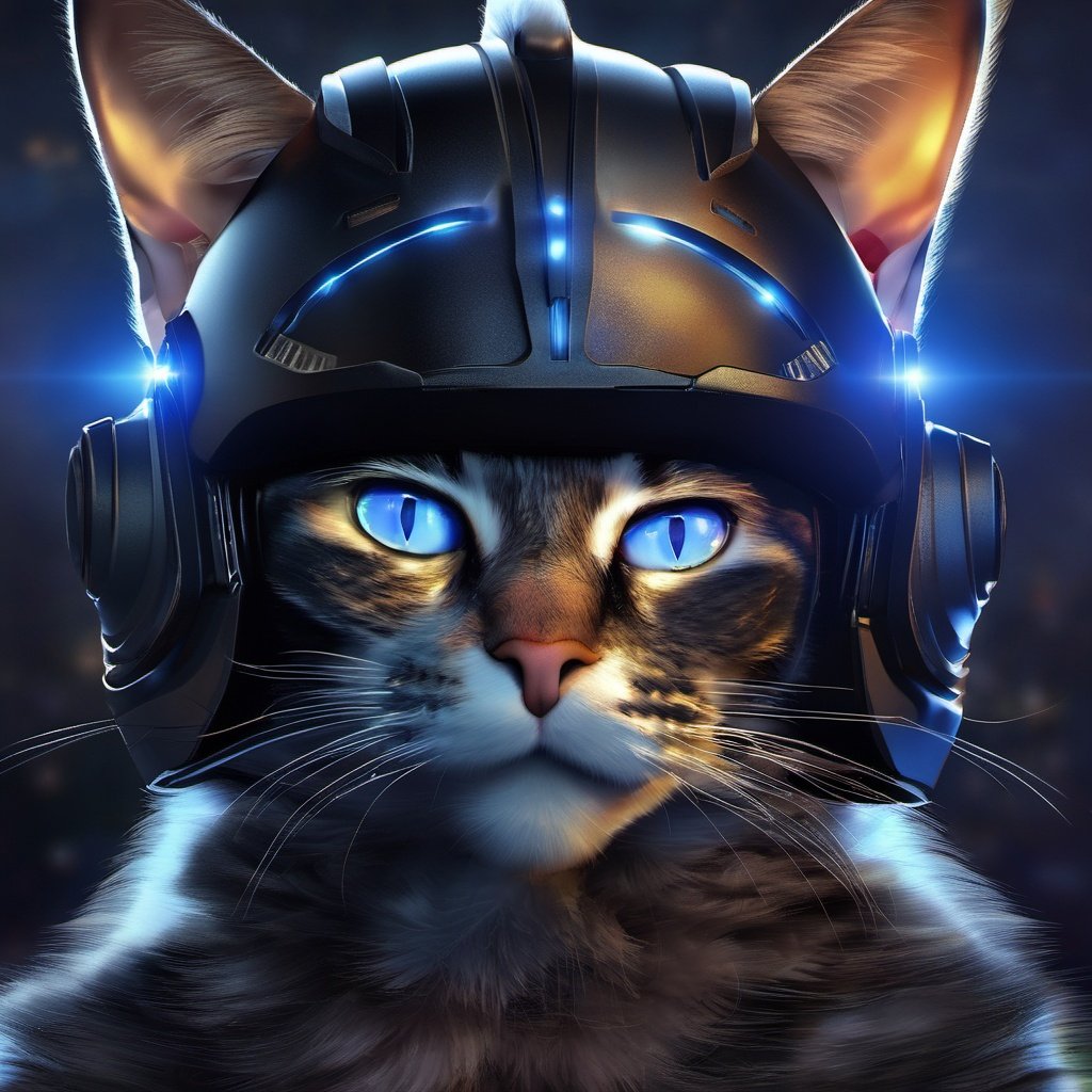 (best quality,masterpice),NightmareFlame, cat, helmet, realistic, animal, science fiction, no humans, blue eyes, armor, black cat, simple background