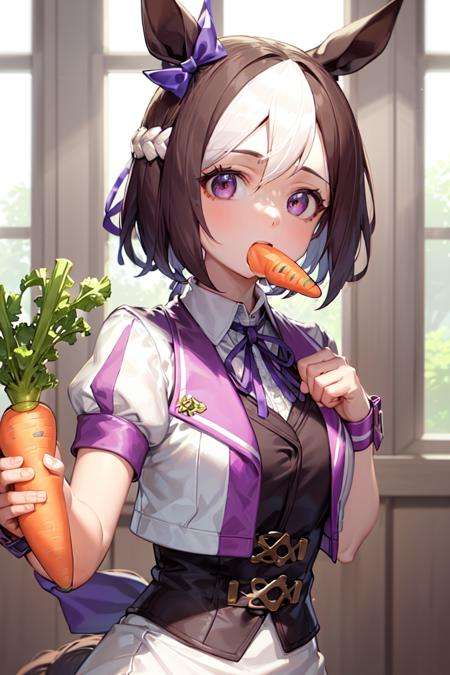 masterpiece, best quality, special week \(umamusume\), (mouth hold carrot:1.3), indoors, upper body,ear bow, purple bow, puffy short sleeves, neck ribbon, blue ribbon, cropped jacket, white jacket, two-tone jacket, collared shirt, white shirt, purple vest, wristband, wrist cuffs, white skirt, <lora:special_week_loha:0.6>