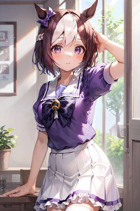 masterpiece, best quality, special week \(umamusume\), ear bow, purple bow, tracen school uniform, summer uniform, serafuku, puffy short sleeves, purple bowtie, horseshoe ornament, sailor collar, sailor shirt, purple shirt, white skirt, pleated skirt, frilled skirt, miniskirt, zettai ryouiki, <lora:special_week_loha:0.6>