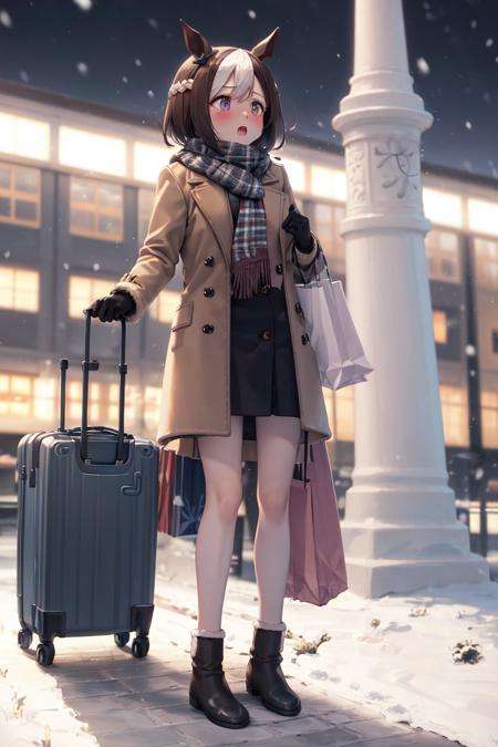 masterpiece, best quality, special week \(umamusume\), holding bag, white footwear, snowing, sweater, long sleeves, shopping bag, outdoors, full body, blush, plaid scarf, white coat, standing, train station, black pantyhose, brown coat, brown footwear, black skirt, night, open coat, building, open mouth, suitcase, open clothes, gloves, winter clothes, carrot, bare tree, looking away, ankle boots<lora:special_week_loha:0.6>