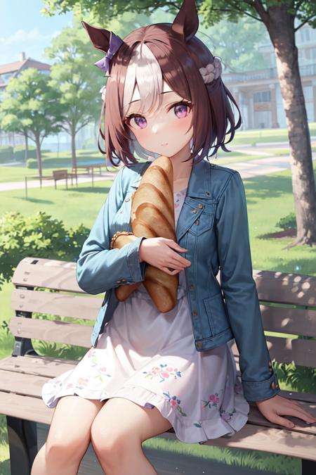 masterpiece, best quality, special week \(umamusume\), sitting, on bench, baguette, object hug,ear bow, purple bow, casual, blue jacket, white dress, long sleeves, open clothes, open jacket, floral print, <lora:special_week_loha:0.6>