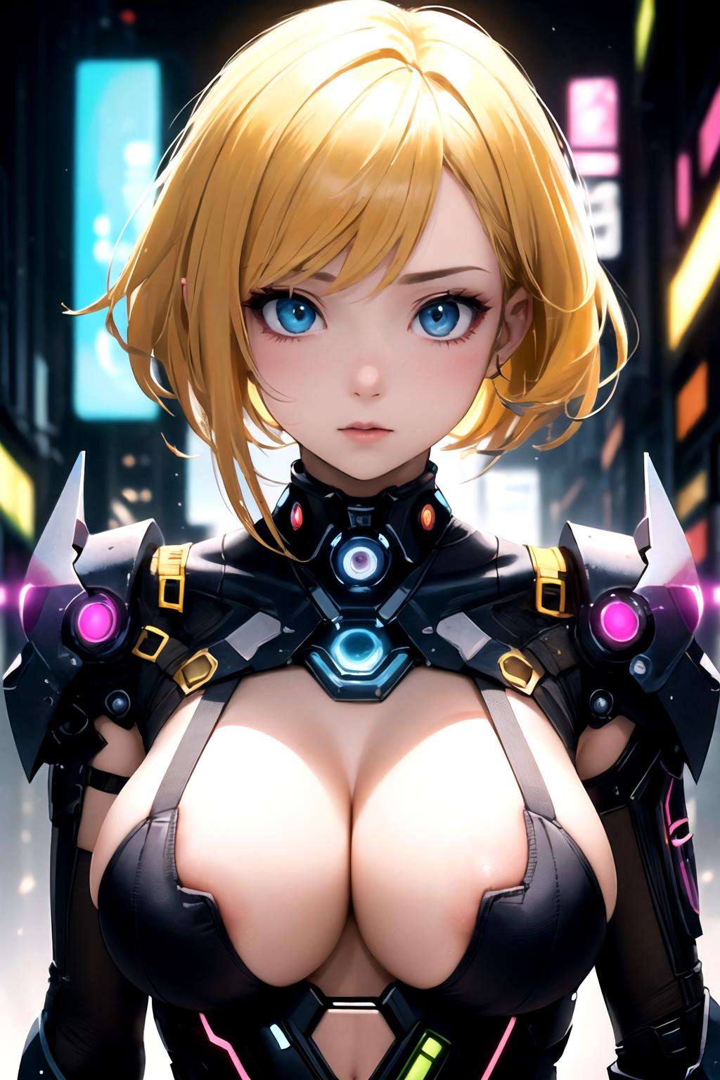 1girl, cute, medium tits, (areola mammae peek:1.4), cyberpunk, steelpunk, colorful, abstract background, face focus, backlight, yellow and light blue