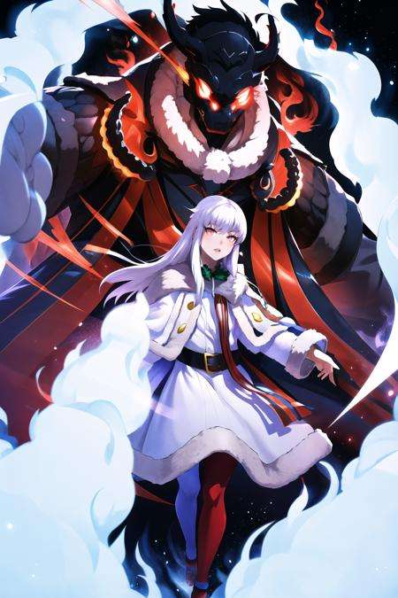 Highly detailed, High Quality, Masterpiece, beautiful, solo, 1girl, susanoo, ((inside a glowing giant)), aura surrounding, glowing eyes,  smoke, flare, electricity, plasma, <lora:Pos_Susanoo:1>, lysitheawinter, christmas, white dress, fur trim, long sleeves, fur-trimmed cape, red pantyhose, <lora:Char_FireEmblem_Lysithea:1>