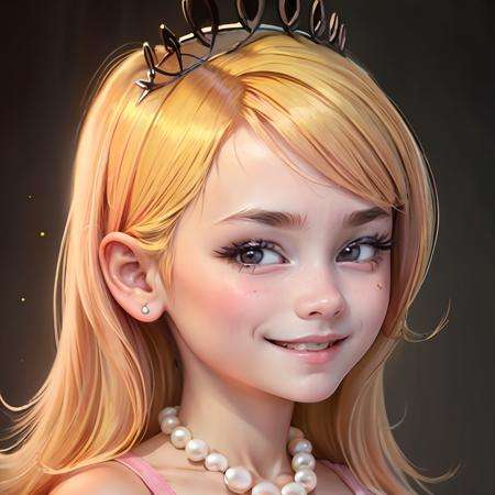 cartoon,anime, ((masterpiece, best quality)),(complex light),solo, solo focus, full body,1 child girl, lola loud, blonde hair, long hair,pink dress, pearl necklace, crown, smile, pink gloves,simple background, black eyes, above the knee, in a child girl's bedroom, <lora:lolaLoud1-10:0.5>