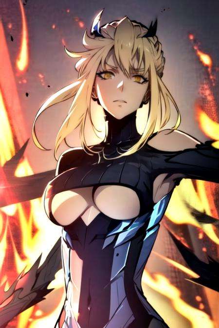 ((masterpiece, ultra detailed)), 1girl, solo, (upper body portrait), <lora:artoriaLancerAlter:0.8>, artoria pendragon \(lancer alter\) \(fate\), wide hips, blond hair, yellow eyes, underboob, ribbed_leotard, black clothes, (stunningly beautiful), large breasts, beautiful face, beautiful eyes, battle-stance ready, dynamic pose, <lora:soloLevellingStyle:0.8>, hdr, HDR, bloom, volumetric lighting, emissive lighting, high intensity lighting, glowing, dramatic lighting, dark lighting, (ornate), digital art, trending on artstation, award winning, fascinating, elegant, RAW photo, absurdres, 8k uhd