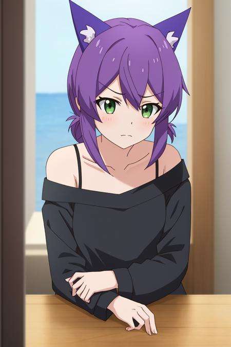 flatorte, anime_art_style, 1girl, solo, looking_at_viewer, bangs, hair_between_eyes, closed_mouth, green_eyes, upper_body, purple_hair, indoors, off_shoulder, blurry, frown, parody, blue_shirt