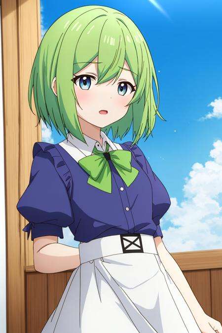 shalsha, anime_art_style, 1girl, solo, short_hair, open_mouth, bangs, blue_eyes, shirt, dress, bow, hair_between_eyes, white_shirt, upper_body, short_sleeves, hair_bow, green_hair, puffy_sleeves, collared_shirt, indoors, two_side_up, puffy_short_sleeves, looking_to_the_side