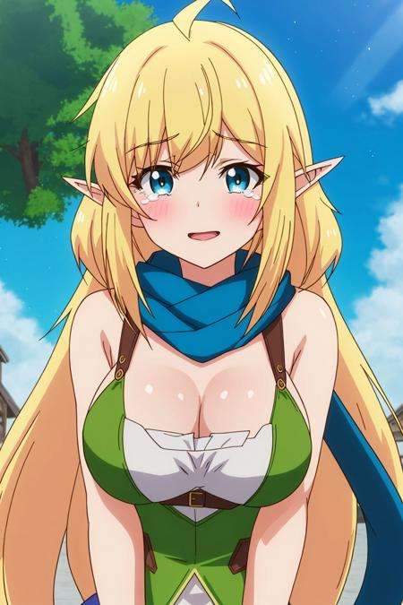 halkara, anime_art_style, 1girl, solo, long_hair, breasts, looking_at_viewer, blush, blue_eyes, blonde_hair, large_breasts, cleavage, upper_body, ahoge, pointy_ears, tears, scarf, parody, wavy_mouth, elf