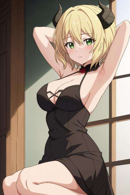 provato, anime_art_style, 1girl, solo, breasts, looking_at_viewer, short_hair, blonde_hair, dress, cleavage, bare_shoulders, medium_breasts, closed_mouth, green_eyes, flower, horns, armpits, black_dress, sparkle, rose