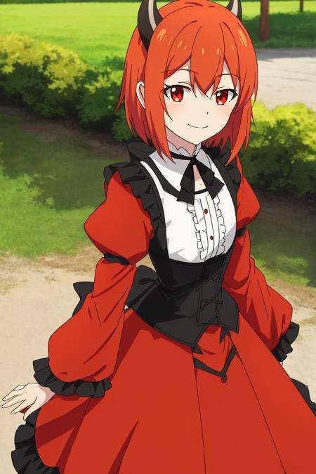 laika, anime_art_style, 1girl, solo, looking_at_viewer, smile, short_hair, red_eyes, long_sleeves, dress, ribbon, horns, wide_sleeves, orange_hair, red_dress, corset