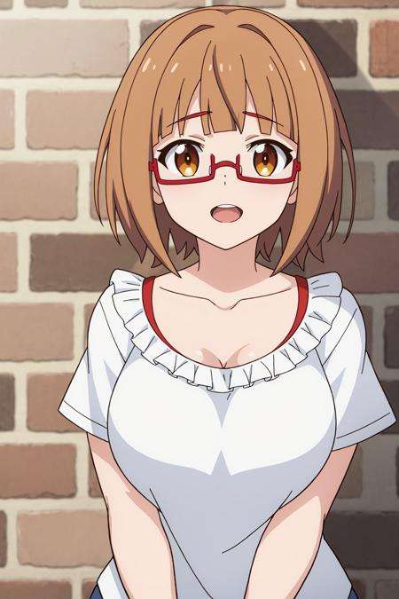 natalie, anime_art_style, 1girl, solo, breasts, short_hair, open_mouth, large_breasts, brown_hair, shirt, brown_eyes, collarbone, white_shirt, upper_body, frills, glasses, teeth, semi-rimless_eyewear, red-framed_eyewear, under-rim_eyewear, brick_wall