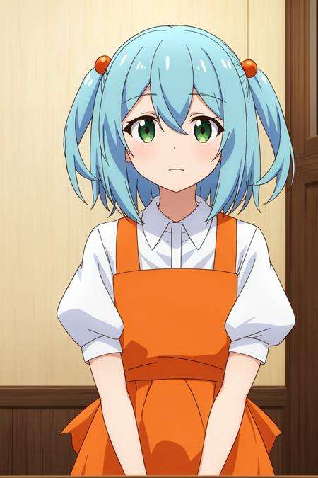 falfa, anime_art_style, 1girl, solo, looking_at_viewer, bangs, shirt, hair_ornament, dress, hair_between_eyes, closed_mouth, green_eyes, blue_hair, white_shirt, upper_body, short_sleeves, puffy_sleeves, collared_shirt, indoors, apron, two_side_up, puffy_short_sleeves, hair_bobbles, :t, orange_dress