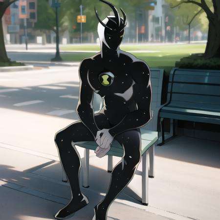 <lora:alienx-10:1> alien x, sitting on park bench, day, outdoors, detailed background, masterpiece, best quality