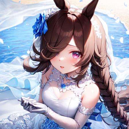 masterpiece, best quality,rice shower \(umamusume\),from above, looking at viewer,official alternate costume, bride, braided ponytail, blue bow, hair flower, blue rose, hair ornament, bridal veil, jewelry, necklace, white gloves, wedding dress, white dress, sleeveless dress, <lora:rice_shower_loha:0.8>