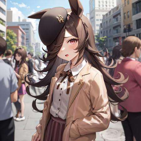 masterpiece, best quality,rice shower \(umamusume\),buildings, street, crowd,casual, beret, brown headwear, hair ribbon, black ribbon, neck ribbon, long sleeves, neck ribbon, brown jacket, pink dress, open clothes, open jacket, cropped jacket, striped dress, vertical-striped skirt, <lora:rice_shower_loha:0.8>