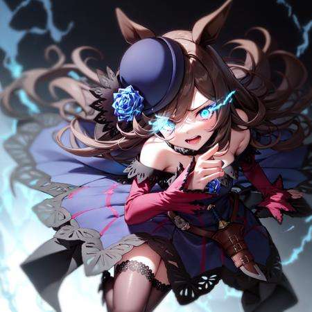 masterpiece, best quality,rice shower \(umamusume\),running, holding dagger, looking to the side,glowing eye, flaming eye, eye trail, light trail,blue headwear, tilted headwear, hat flower, blue rose, long sleeves, purple sleeves, sleeves past wrists, fur collar, off-shoulder dress, bare shoulders, blue dress, dress bow, sheathed dagger, lace trim, lace-trimmed legwear, <lora:rice_shower_loha:0.8>