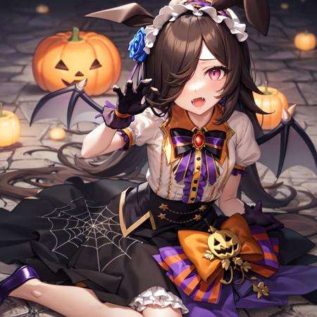 masterpiece, best quality,rice shower \(umamusume\), claw pose, fangs, wariza,official alternate costume, halloween costume, hair flower, blue rose, hair ornament, frilled hairband, purple gloves, striped bowtie, black bowtie, brooch, puffy short sleeves, bat wings, collared shirt, white shirt, center frills, jack-o'-lantern, orange bow, high-waist skirt, medium skirt, purple skirt, spider web print, black skirt, purple footwear,<lora:rice_shower_loha:0.8>