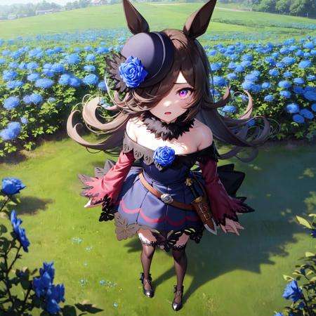 masterpiece, best quality,rice shower \(umamusume\),full body, standing, looking afar, (blue flower field:1.2), very wide shot,glowing eye, flaming eye, eye trail, blue headwear, tilted headwear, hat flower, blue rose, long sleeves, purple sleeves, sleeves past wrists, fur collar, off-shoulder dress, bare shoulders, blue dress, dress bow, sheathed dagger, lace trim, lace-trimmed legwear, brown thighhighs, shoes, black footwear,<lora:rice_shower_loha:0.8>