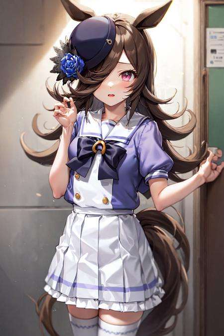 masterpiece, best quality,rice shower \(umamusume\),blue headwear, tilted headwear, hat flower, blue rose, tracen school uniform, summer uniform, serafuku, puffy short sleeves, bowtie, horseshoe ornament, sailor collar, sailor shirt, frills, white skirt, purple shirt, miniskirt, zettai ryouiki, white thighhighs<lora:rice_shower_loha:0.8>