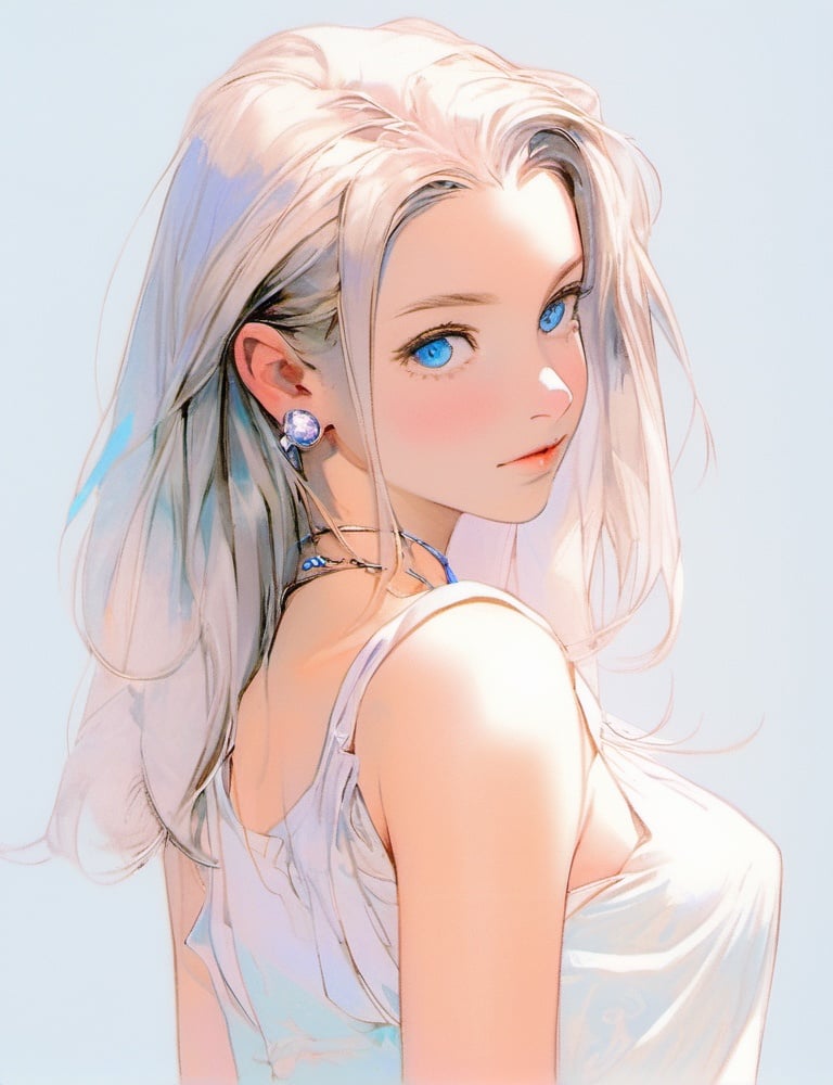 1girl, solo, jewelry, earrings, blue eyes, looking at viewer, long hair, upper body, simple background, lips, breasts, from side, bare shoulders, necklace, sleeveless, closed mouth, blue background, medium breasts, white hair, looking to the side, grey background, looking back, shirt, choker, eyelashes