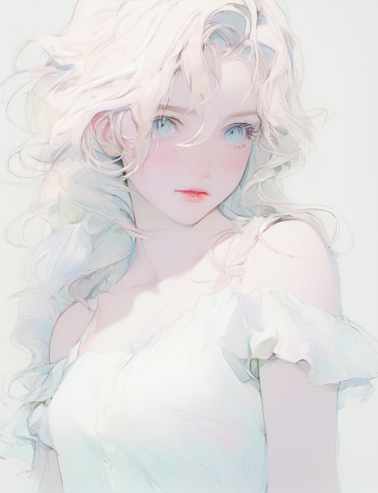 1girl, solo, long hair, white hair, looking at viewer, upper body, simple background, bare shoulders, lips, blue eyes, off shoulder, shirt, white dress, blush, closed mouth, wavy hair, dress, white shirt, hair between eyes, breasts, frills, short sleeves