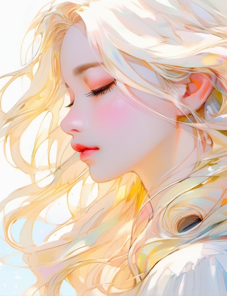 1girl,  solo,  closed eyes,  long hair,  eyelashes,  parted lips,  profile,  upper body,  lips,  white hair,  from side,  blonde hair,  wavy hair, <lora:EMS-21920-EMS:0.800000>