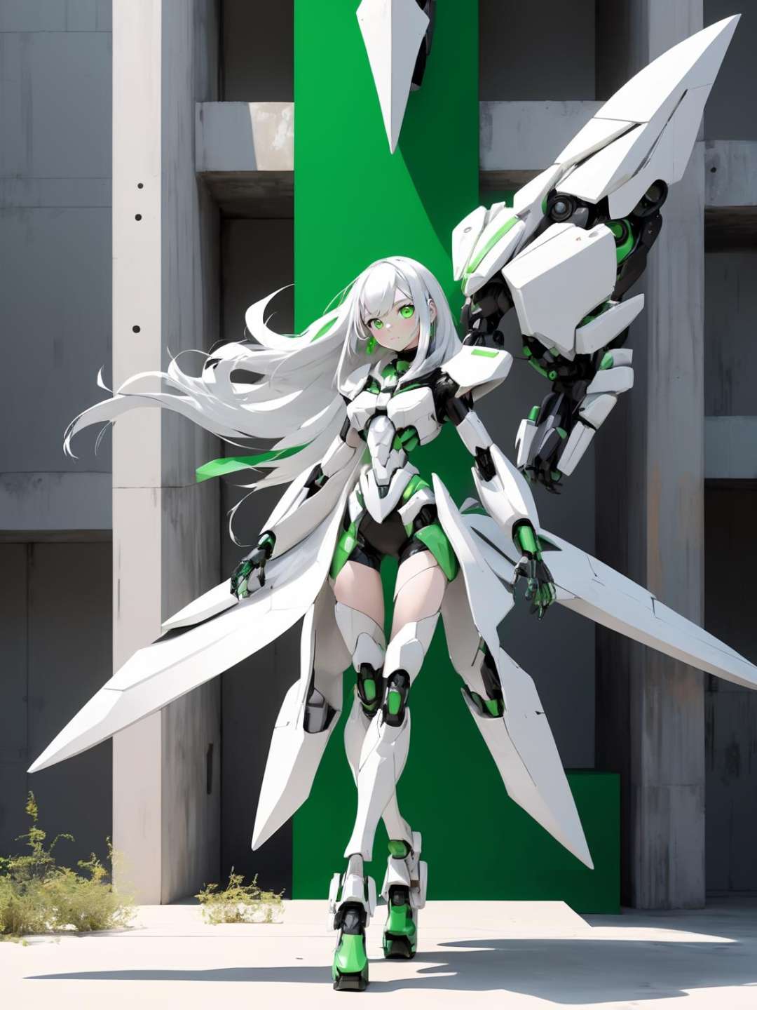 absurdres, highres, ultra detailed, (1girl:1.3), kawaiiBREAK, (girl:1.3), solo, white long hair, green eyes, cyborg, white mecha body, (battle action, dynamic action:1.2),BREAK, brutalist art, raw concrete, geometric forms, architectural sculptures, bold textures, industrial aesthetic, unadorned surfaces