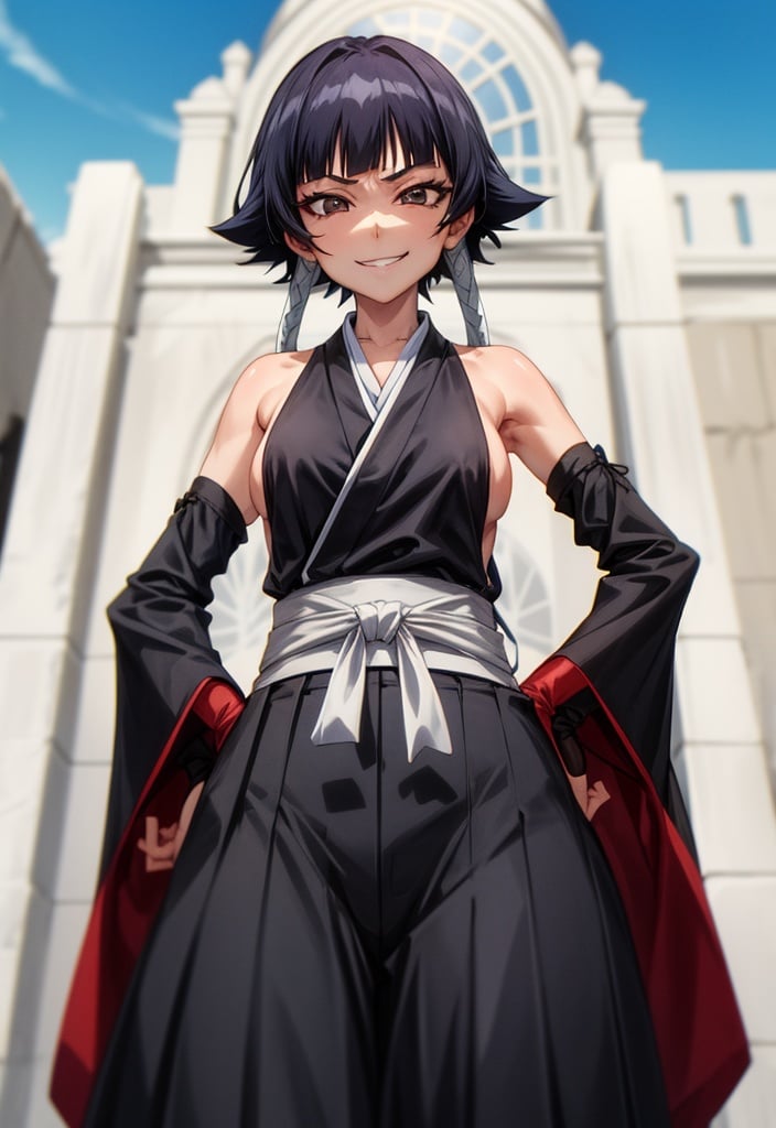 ,
( anime screencap:1.1),outdoors, 
1girl, solo, black hair, sideboob,standing, short hair with long locks, hip vent, short hair, big breasts, huge hips, (brown eyes:1.1),black hakama, no bra, gloves, hakama skirt,low twin braids,sash,cowboy shot, facing viewer, looking at viewer, smirk,from below, hands on hips,
