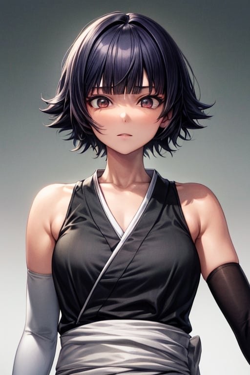 ((masterpiece , best quality , highest quality, high resolution, highres)), solo , full-leghth photo,  sui-feng  , 1girl, bangs, bare_shoulders, black_hair, blunt_bangs, big breasts, collarbone, detached_sleeves, gradient, gradient_background, japanese_clothes, looking_at_viewer, short_hair, sleeveless, solo, upper_body
