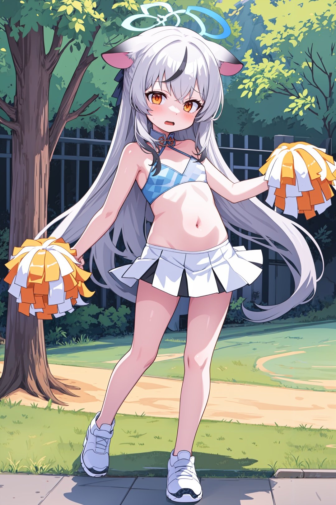 <lora:kokona_v1:1> masterpiece, best quality, ultra-detailed, 1girl, breasts, white dress, white skirt, halo, crop top, full body, standing, cheerleader, kokona, orange eyes, navel, open mouth, solo, bare shoulders <lora:cheerleaderOutfitV2:1>