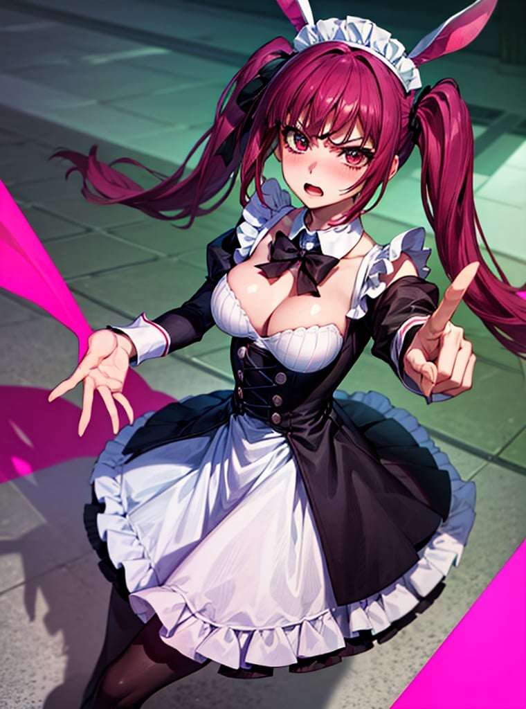 highest quality, high resolution, highres)), solo, full-leghth photo, Riruka Dokugamine ,(best quality), (ultra-detailed), (best illustration), (best shadow), masterpiece, high res, (solo, 1girl), red-pink hair, twintails, riruka, maid's hat,
bunny ears accessory,  black skirt, open shoulders, blushing, stockings, deep breast, open mouth, school hallway, angry, correct fingers, high quality fingers,
