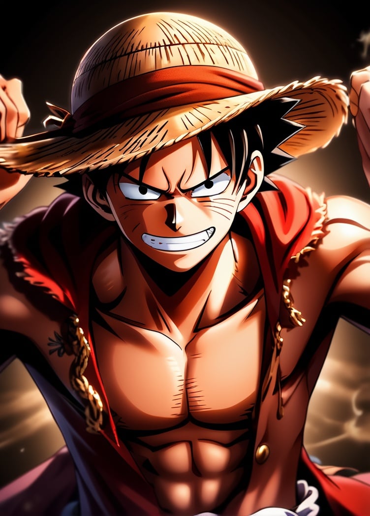 Monkey D. Luffy, one piece anime, X-shaped scar on his chest, Straw Hat, symmetrical body, portrait, cinematic lighting, high contrast, artstation, character concept art