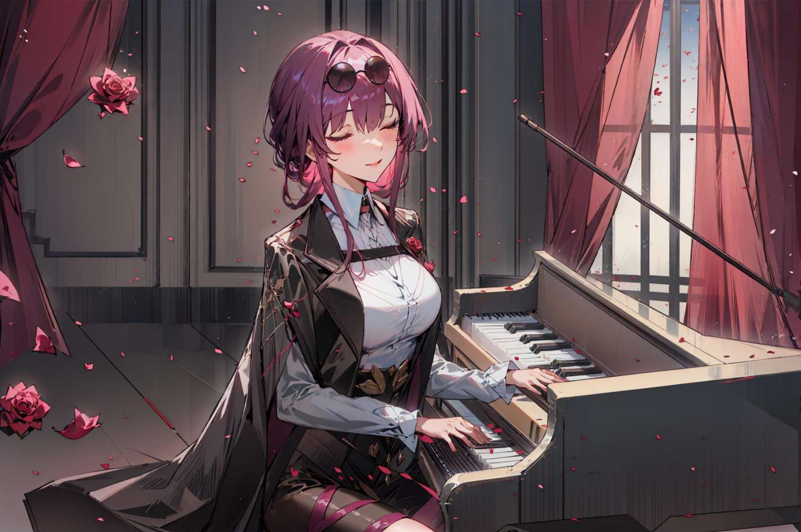 <lora:bengtie_Kafka_v1.0.2:1>,solo,Kafka\(character\),close your eyes,smile,(sideways:1.2),(rose petals:1.5),coat,stage,red curtain,backlight,piano,chair,best quality,masterpiece,illustration,extremely detailed,CG,unity,8k wallpaper,Amazing,finely detail,masterpiece,best quality,official art,extremely detailed CG unity 8k wallpaper,absurdres,incredibly absurdres,ultra-detailed,highres,