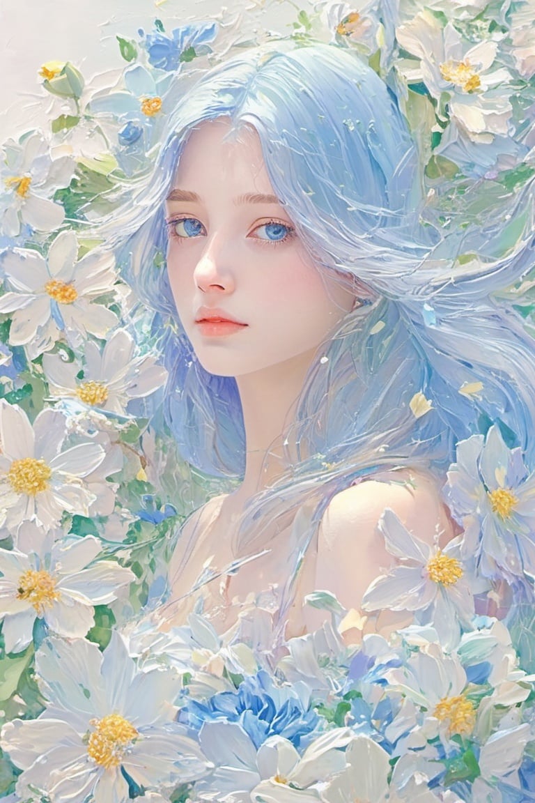 (Animation style:1.5),(1girl:1.3),solo,loli,long_hair,artistic oil painting stick,rough,(uneven),(embossment:1.2),light_blue_hair,portrait,(flower:0.3)