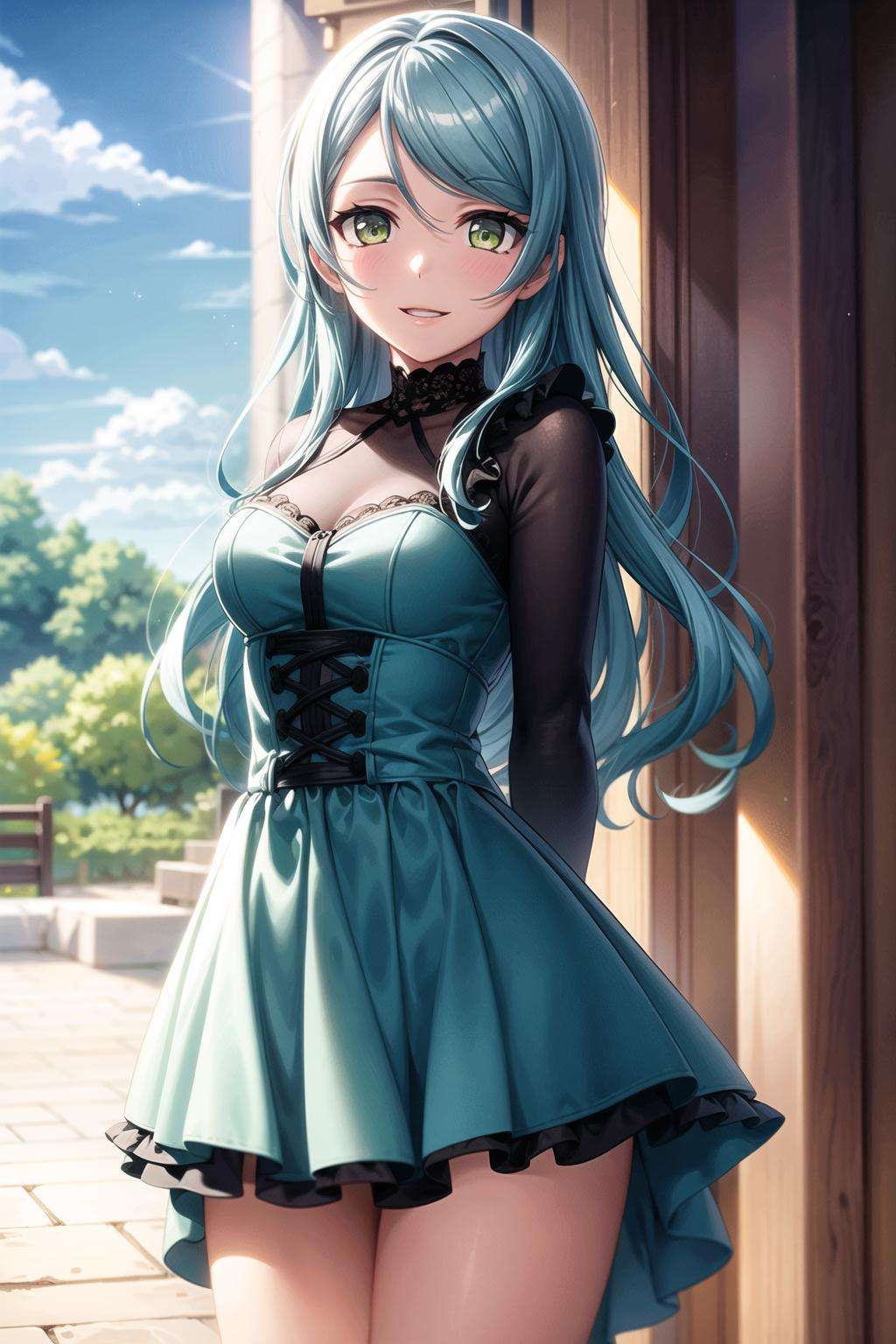 (masterpiece, best quality, ultra-detailed), (illustration), (beautiful detailed eyes), <lora:add_detail:0.6>,(1girl), (solo), hikawa sayo, long hair, (aqua hair:1.2), (green eyes:1.1), hair ornament, <lora:SayoV1:0.5>(dress, frills:1.3)(outdoors, greenary:1.2)looking the viewer, smile, parted lips, (standing:1.5),  (arms behind back:1.3), (cowboy shot), 