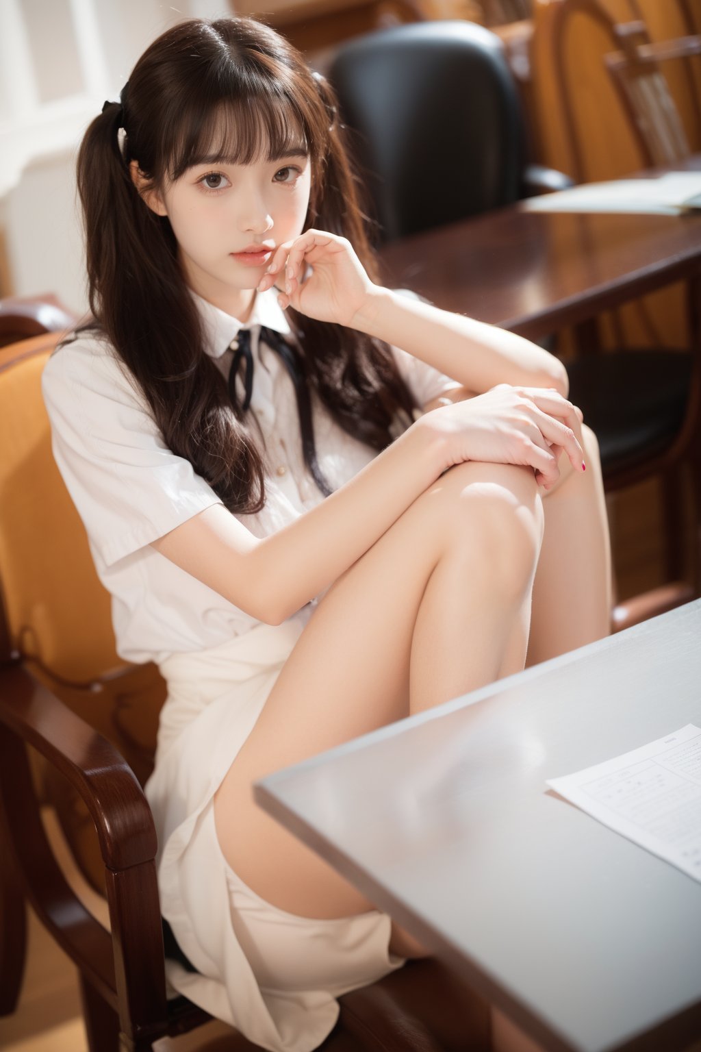 <lora:MengX girl_Mix_V40:0.9>,1girl,solo,skirt,chair,sitting,shirt,twintails,long hair,looking at viewer,short sleeves,indoors,white shirt,brown hair,realistic,bangs,blurry,black skirt,ribbon,blurry background,blue ribbon,brown eyes,on chair,blunt bangs,hand on own knee,collared shirt,pencil skirt,depth of field,table,desktop,