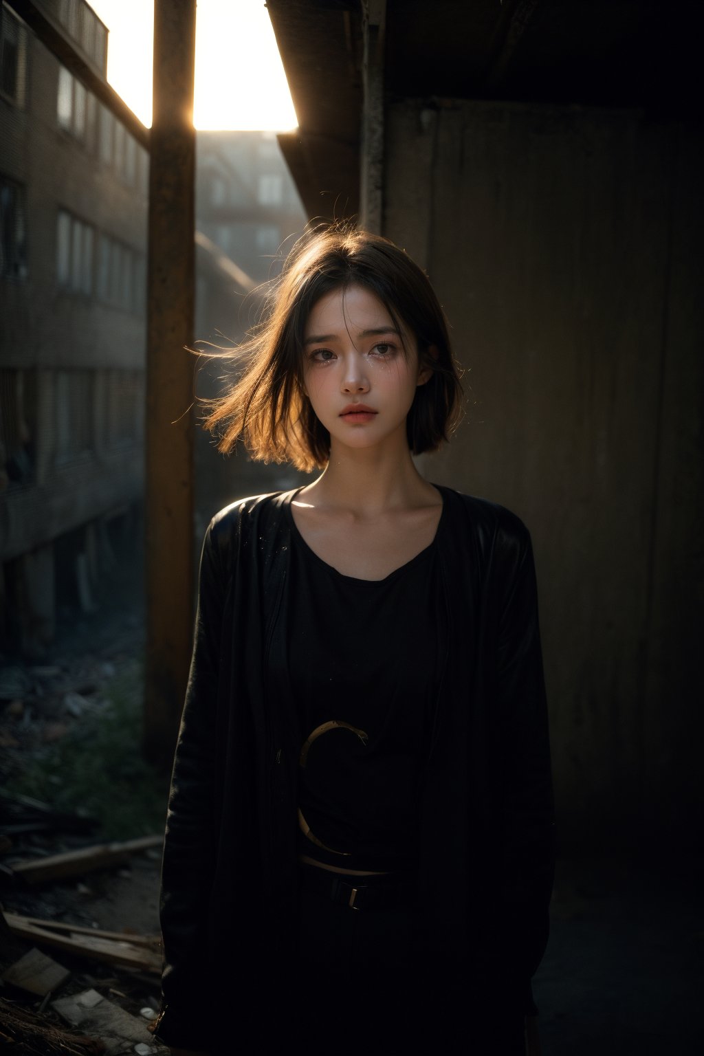 portrait of 1girl by Bill Henson,depressed,tears,streaming tears,ruins,shadows,dramatic lighting,sunset,cowboy shot,contemporary,dark,expressionism,dystopia,industrial,<lora:add_detail:1>,<lora:MengX girl_Mix_V40:0.8>,