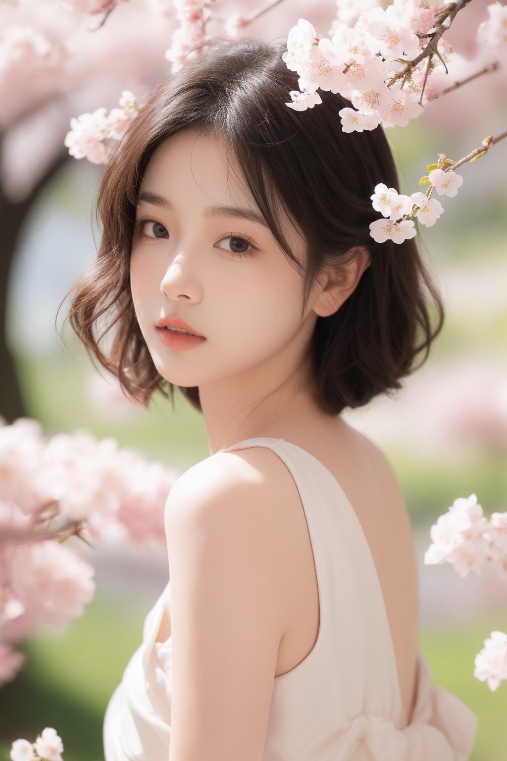 1girl,solo,long hair,lips,parted lips,upper body,blurry background,floating petals,jitome,cute,short hair,cherry_blossoms,<lora:MengX girl_Mix_V40:0.8>,blush,curly hair,