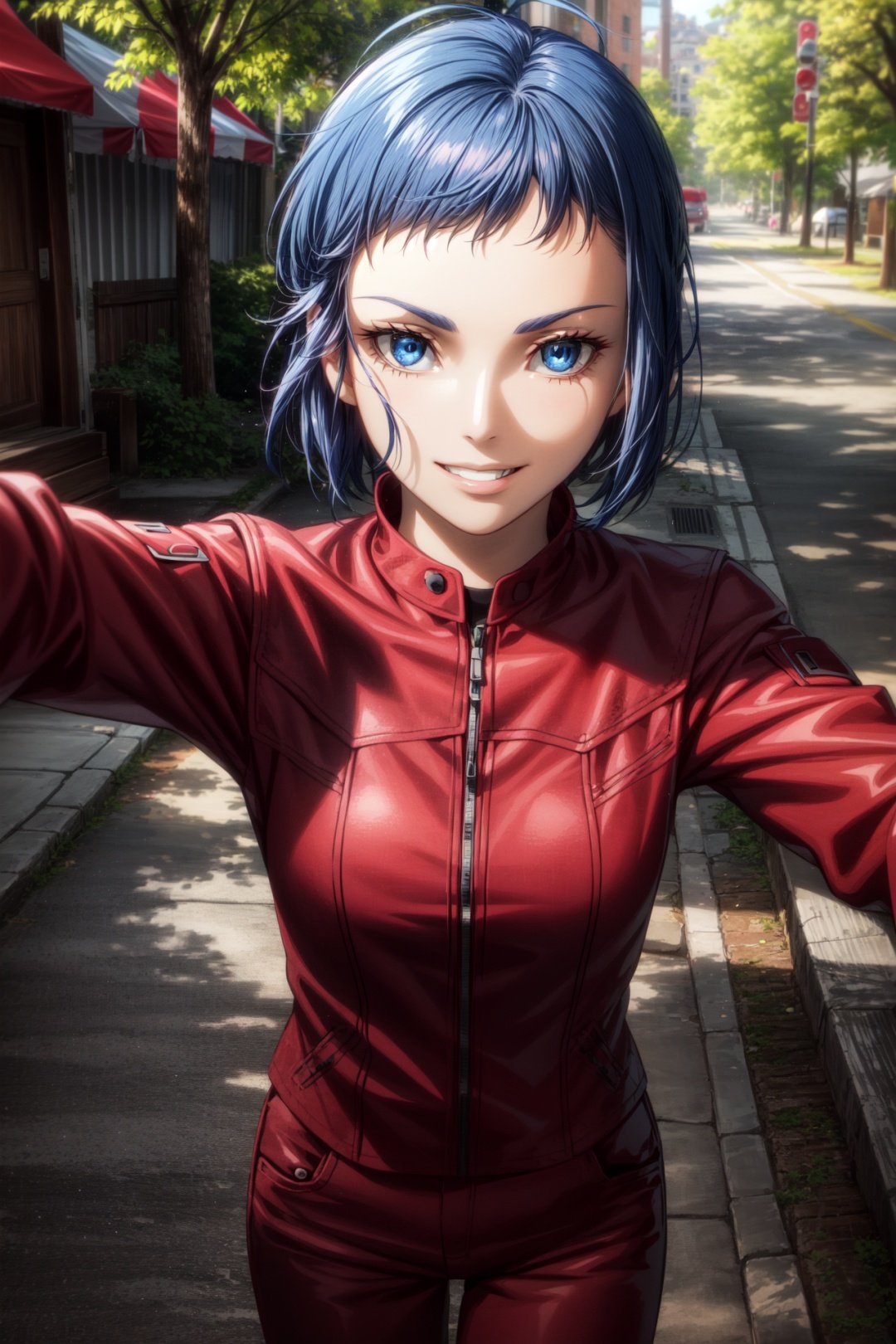 1girl, (masterpiece:1.3), (high resolution), (8K), (extremely detailed), (4k), (pixiv), perfect face, nice eyes and face, (best quality), (super detailed), detailed face and eyes, (solo), (textured skin:1.3),outdoors, tree, nature, <lora:motoko_kusanagi_arise-08:0.7>, motokoarise, blue eyes, blue hair, short hair, red jacket, red pants,long sleeves, (pov), (selfie), (smile:1.2), <lora:more_details:0.8>, <lyco:GoodHands-beta2:1.0>, <lora:LowRA:0.1> 